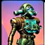 Placeholder: 90's retro scifi art of a steampunk diver with big armor