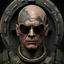 Placeholder: portrait of a 50 year old evil soldier. sneering expression, bald with tattoos, photorealistic, 4k