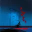 Placeholder: Minimal abstract oil painting of a neon large red leaf plant in desolate landscape brutalist architecture and hanging wires illuminated at night. With triadic blue colours. In the style of Justin Mortimer and Phil Hale, Ashley Wood