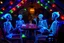 Placeholder: Glowing Halloween skeletons having a tea party in the haunted house attic. Colorful string lights and festive decorations create a spooky magical atmosphere