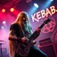 Placeholder: a very thin swedish viking man, evil with very long blonde hair (2 meter), (fat glowing eyes), he is called "KEBAB MAN" performing at death metal club, his name is "KEBAB MAN" kebab rolls On stage, kebab Neon lights and smog, and "KEBAB MAN" big sign on the wall, kebab tribal tattooes, spinning kebab machines, flames and smoke, chaos, he using gasolin and pour it on the guitar on the stage