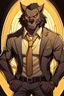 Placeholder: Buff, anthro, wolf, himbo, black fur, gold eyes, wearing a suit, full-body, muscles, strong, muscular, man boobs, bulky, tail, dark fur, smug grin, hands on hips, furry-himbo, broad shoulders, wide hips,