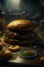 Placeholder: Bosch nightmares paint inf style Title: a hamburger sandwich on it creature with bee lizerd,insanely detailed octane render trending on artstation, 8k artistic photography, photorealistic concept art, soft natural volumetric cinematic perfect light, chiaroscuro, award-winning photograph, masterpiece, oil on canvas, Raphael, Caravaggio, Greg Rutkowski, people, beksinski, Giger