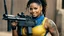 Placeholder: A happy Sanaa Lathan warrior with a machine gun covered by tattoos, 24-years-old her lean muscular frame wrapped in a yellow tactical bodysuit and a bullet proof vest over her bossom. Her hair is pulled back in a tight ponytail, revealing blue eyes [vintage style noisy scratches glitches, Shot the texture and then rewound the film and double exposed from a 1970 B series movie] she stands on the balcony of the marble palace of a modern dictator, behind we see the beach and palm trees