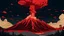 Placeholder: A dark red volcano with crashing meteors in Ukiyo-e art style