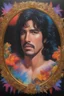 Placeholder: a man's face inside a round gold frame, Paul Stanley/Elvis Presley/Keanu Reeves/Jon Bernthal, multicolored, large, Floral/rainbow designs, atmospheric, beautiful, bright, vibrant colors, pitch-black background, oil painting by Boris Vallejo, 4k UHD, Photorealistic, professional quality