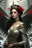 Placeholder: Magic camping site, beautiful angel, ornate dress uniform, casting spell water snow fly, black wavy hair, enchanted fantasy, cinematic composition, very detailed red machine components, one camera lens eye and shiny black hair, hazel green eyes, 24k, ornate, intricate, complex, digital painting, smooth, art by royo and tom bagshaw.