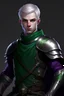 Placeholder: a young and fitness twenty eight years old male noble-warrior with white short hair and purple eyes. He wears darkgreen clothes, an antique leather armor and wields a two-handed falchion