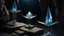 Placeholder: Three tall clear blue crystal spires stand on a deserted ocean island surrounded by beams of moonlight. High resolution 8K, moderate specularity, cinema 3D, chrome ball suspended, highly detailed, surrealism by Dorothea tanning, enrico donati