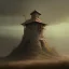 Placeholder: franz frazetta style, guardtower on hill, amon hen, dusk, storm in the distance