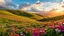 Placeholder: beautiful Green hills covered with flowers colorfull ,blue sky heavy clouds with godray at sunset ,very nice flowers at closeup ,wonderfull mountains at distance