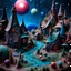 Placeholder: Detailed creepy landscape made of modeling clay, village, stars and planets, Roger Dean, naïve, Tim Burton, strong texture, Ernst Haekel, extreme detail, Max Ernst, decal, rich moody colors, sparkles, Yves Tanguy, bokeh, odd