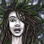 Placeholder: Paper. pen sketch art .the face of A young black woman. A wood nymph emerging from the forest. Her hair looks like vines. Dreadlocs. Her skin is the colour of dark soil. Her skin looks like tree bark. Her clothing is made of vines, grass and leaves.