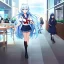 Placeholder: Clear focus, High resolution, long fluffy light blue hair, hair between eyes, long locks, wearing a sailor uniform, wearing a sailor skirt, long black socks, 1girl, cartoon, cute, UNFOTABLE studio, red tie, walking, outside setting