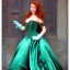 Placeholder: Art of a princess with long auburn hair in a big teal green and gold satin ballgown corset off shoulder top and long white gloves dancing