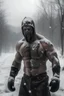 Placeholder: a man, muscular tough, shirtless, scarred, bruised, heroic, standing in a middle of a snowy wilderness, harsh cold climate, stormy, daylight, wearning an iron face mask cover, walking through storm, tough and strong vibes