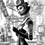 Placeholder: great illustrator, spanish, pencil sketch of a cute girl, beautiful, steampunk syle, black and white. Helmet with tubes. venetian style. Machinery in the background. robotic bird fkying. High details.