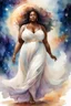 Placeholder: In this galaxy digital watercolor painting, we witness the majestic presence of an African plus-size female as she moves with grace and elegance. She strides confidently forward, each step a testament to her inner strength and beauty. Adorned in an off-white maxi dress that billows around her like a celestial cloud, she exudes an aura of ethereal charm. Her hazel eyes sparkle with wisdom and warmth, framed by prominent makeup that accentuates her features. A coy smile plays upon her lips, hint
