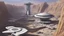 Placeholder: Many spaceliners docked at a huge busy spaceport, with gantries and walkways, setting into the side of a huge cliff, Star Wars, Star Trek