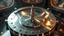 Placeholder: picture of a very huge real working physic based gyroscope with mirror surfaces in a inter star environment ,a very pretty lady with modern clothing boots standing on main turning disk of gyroscope.1x1.