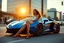 Placeholder: Create an ultra-realistic cinematic 8K fullbody of lady mode skin texture, add makeup,pretty boots,curvy long hair. Style: fashion editorial, confident is driving a blue Lamborghini SC20 in streets of a modern city. Lighting: warm golden hour sunlight, soft rim light. Camera look,camera capture full Lamborghini SC20: shallow depth of field, film grain, cinematic color grade.
