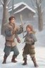 Placeholder: DnD style, two medieval peasant kids playing in the snow male and female, age 14 and 15, happy and playful, he has a short sword.