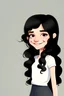 Placeholder: cartoon character of a cool and happy girl with long curly black hair with black eyes an small nose and white skin