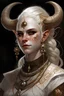 Placeholder: A young tiefling woman with a set of ram horns on her head encrusted with jewels, White-Blonde hair, black eyes, no pupils, dressed in white and gold with lots of jewelry