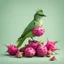 Placeholder: A small bird in light green sitting on several small dragon fruits all on a light background for removal