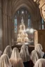 Placeholder: 7 sisters wearing lace veil praying in church.cinematic