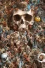 Placeholder: a picture of a dark, comedic, anatomically correct wall of colorful tightly packed skulls of varying sizes and expressions, photo realistic, insanely meticulous, highly detailed, part of a collection of bones on display, 64k, dystopian, vray stained glass