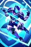 Placeholder: neon blue, flying parts of armor in form of triangles, cyber armor, geometric patterns on armor, male, orbiting triangle