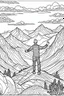 Placeholder: A person standing on a mountaintop, arms outstretched.coloring book page, simple and clean line art, adult drawing book, black and white, crisp black lines, no shades, sharp lines, coloring book for adults, cartoon style, landscape