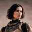 Placeholder: beautiful sexy caucasian female soldier, black metal body and limbs, visible cybernetic limbs, scratched sand camo, no armor, short brunette wavy bob haircut, dystopian, desert scene