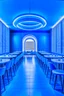 Placeholder: A restaurant with blue walls and a white floor. It contains one table in the middle of the restaurant in an oval shape containing 30 chairs