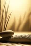 Placeholder: gentle shining background, spa stones and bamboo stem, sand in the background, silhouette of a girl with praying hands on the stones, photorealistic photo