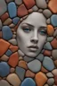 Placeholder: A close-up picture of a beautiful woman superimposed by a collection of variously sized stones with intricate patterns and a range of colors including blues, reds, oranges, and grays. The texture within each cell varies, some appearing cracked and dry, while others are smoother, giving the overall image a rich tactile quality. The natural pattern and the contrasting colors create a captivating and complex visual texture.
