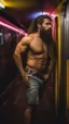 Placeholder: full figure photography of an ugly dirty gipsy burly muscular slim strong man 31 years old with raided beard, dreadlocks, manly chest, hairy , ajar mouth, photorealistic ,shirtless, bulging shorts, side light, inside a crowded subway station , neon lights