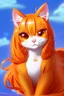 Placeholder: very cute anime cat with long orange hair catching a butterfly