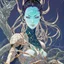 Placeholder: shattered beautiful cyberpunk tall girl, hyperdetailed, illustration by Katsushika Hokusai, darkblue tones,