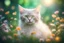 Placeholder: diaphanous colorful transparent light cat with glowing center on green leaves and flowers, ethereal, otherwordly, cinematic postprocessing, bokeh, dof