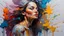 Placeholder: Painting with a dense palette, oil on canvas, hard strokes, paint drips, paint splashes. Woman