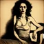 Placeholder: Breathtaking arab 30 years old woman with pale skin she is sitting on an old chair and has a tiny tanktop from the waist up, she has long black curly hair, petite figure, wide hips, prominent nose, thick lips, she has just been slapped around, by Egon Schiele, gustave dore, david mann, retro vintage style, hd photography, hyperrealism, graphite pencil drawing, realistic, natural, b&w illustration, fine art, beautiful watercolor painting, realistic, detailed, by olga shvartsur, svetlana novikova