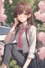 Placeholder: close up headshot portrait of beautiful 18-year-old man who looks like a girl, femboy, feminine, male, brown hair, red eyes, pretty body, perfect face, Wadim Kashin, James Gurney, amazing beauty, college campus background, has pink accents on clothes, anime style, 8k resolution, high definition