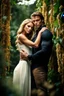 Placeholder: handsome man with light brown hair, tall muscular rugged handsome, holding a beautiful delicate sweet young woman with honey colored hair, close up shot, romantic, fine details, high resolution, attention to detail, eyes open, standing in front of a background with dense green foliage and vines