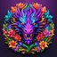 Placeholder: logo design, complex, trippy, bunchy, 3d lighting, 3d, dragon, realistic head, cool rainbow colors, floral, flowers, cut out, modern, symmetrical, center, abstract