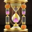 Placeholder: crystal hourglass with a hyerrealistic transparent body, pastel colours flowers and leaves transparent, rococo, Artstation, intricate detailed 8 k, ornate and jewels,