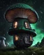 Placeholder: An illogically floating mushroom house on a clear night. white green black, Stars Dark cosmic interstellar. Detailed Matte Painting, deep color, fantastical, intricate detail, splash screen, hyperdetailed, insane depth, concept art, 8k resolution, trending on Artstation, Unreal Engine 5, color depth, backlit, splash art, dramatic, High Quality Whimsical Fun Imaginative Bubbly, perfect composition