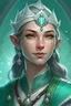 Placeholder: Generate a dungeons and dragons character portrait of the face of a female spring Eladrin. She is a Twilight Cleric who's is dedicated to bringing forth Spring. She looks sweet and approachable. She wears a dainty circlet made of silver coated constellations. Her hair is light green and braided, her skin pale. Her eyes are turquoise.