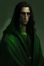 Placeholder: a man in his fourties, brown skin, very long black hair, in a dark green robe, long slim face, green eyes, tired and ill, skinny, realistic epic fantasy stlye
